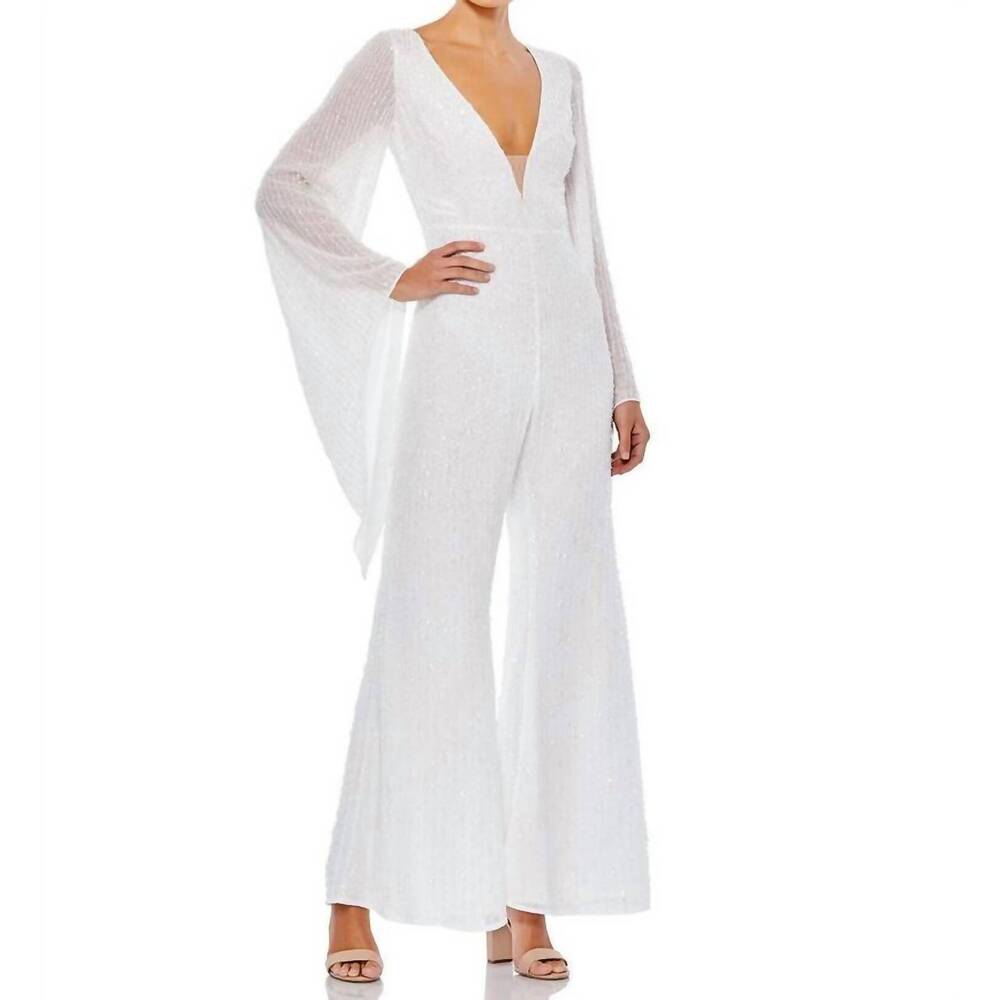 NEW MAC DUGGAL formal bell sleeve sequins jumpsuit in white